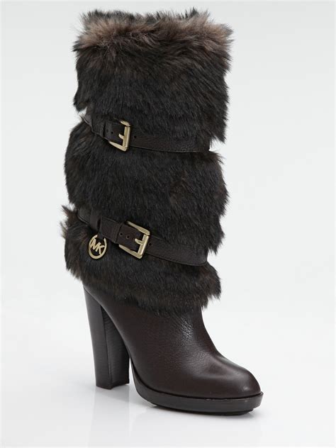 michael kors buckle boots brown leather with high heel|Michael Kors kara bootie.